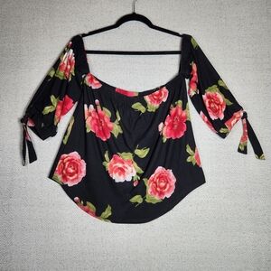 Derek Heart Off-Shoulder Black Floral Tie-Sleeve Crop Top Blouse Size L